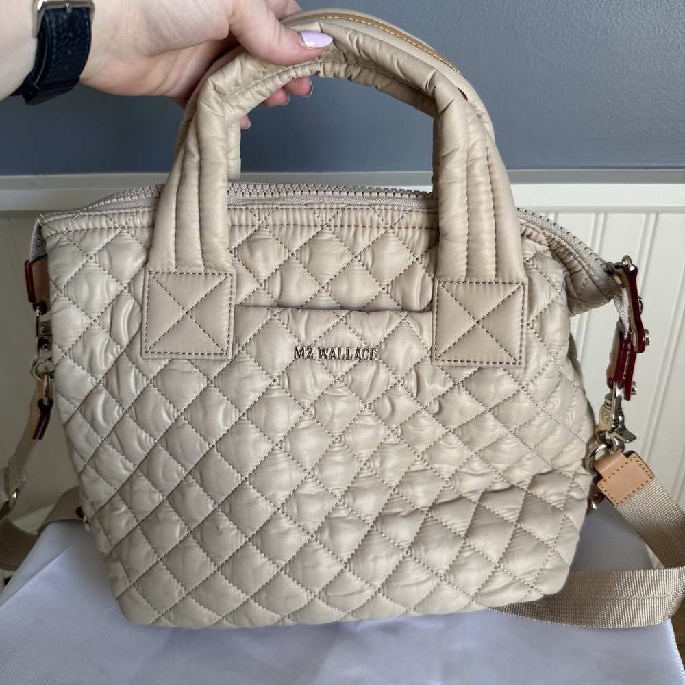 MZ Wallace Small Sutton Deluxe Gray Quilted Nylon Bag Handbag Purse Buff Cream